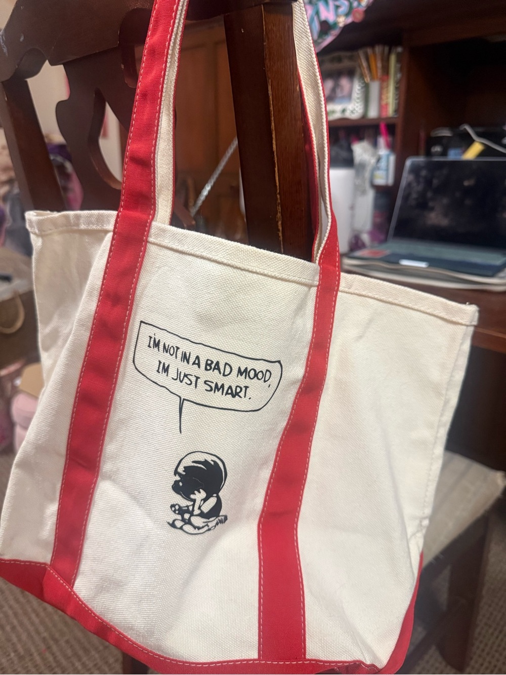Canvas Tote Bag with Red Trim – "I'm Not In A Bad Mood" Graphic
